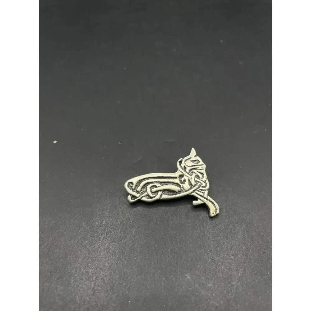 Vintage Signed Silver Tone Celtic Dog Artist Design Brooch Pin